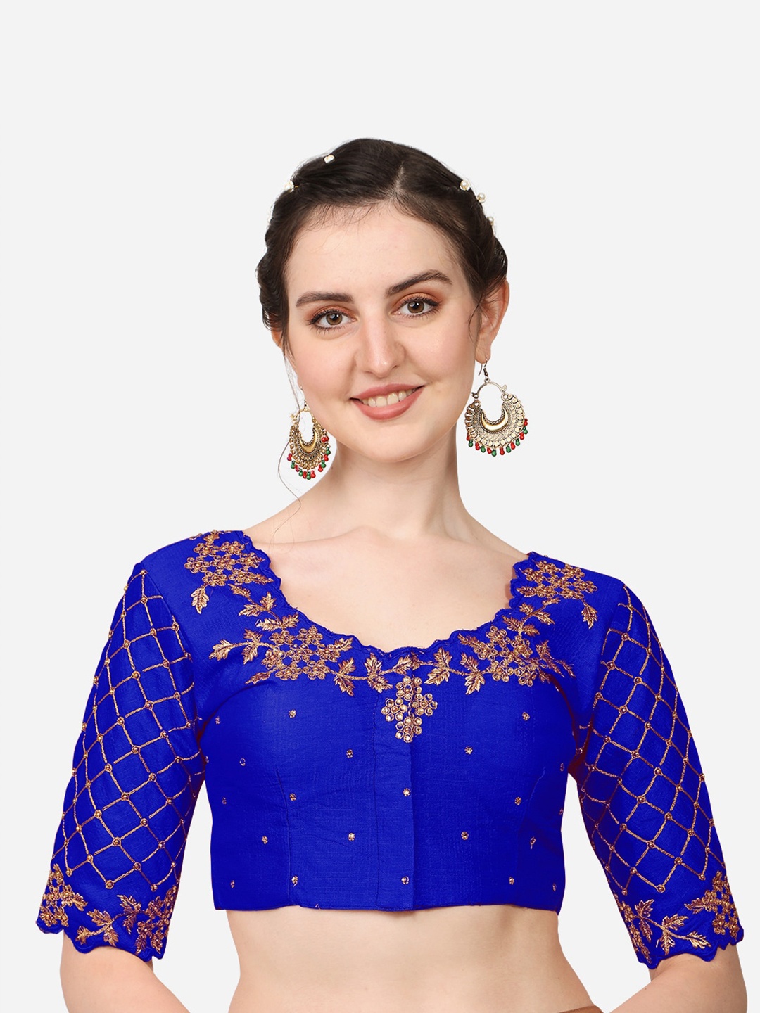 

Sumaira Tex Blue & Gold-Toned Embroidered Readymade Saree Blouse