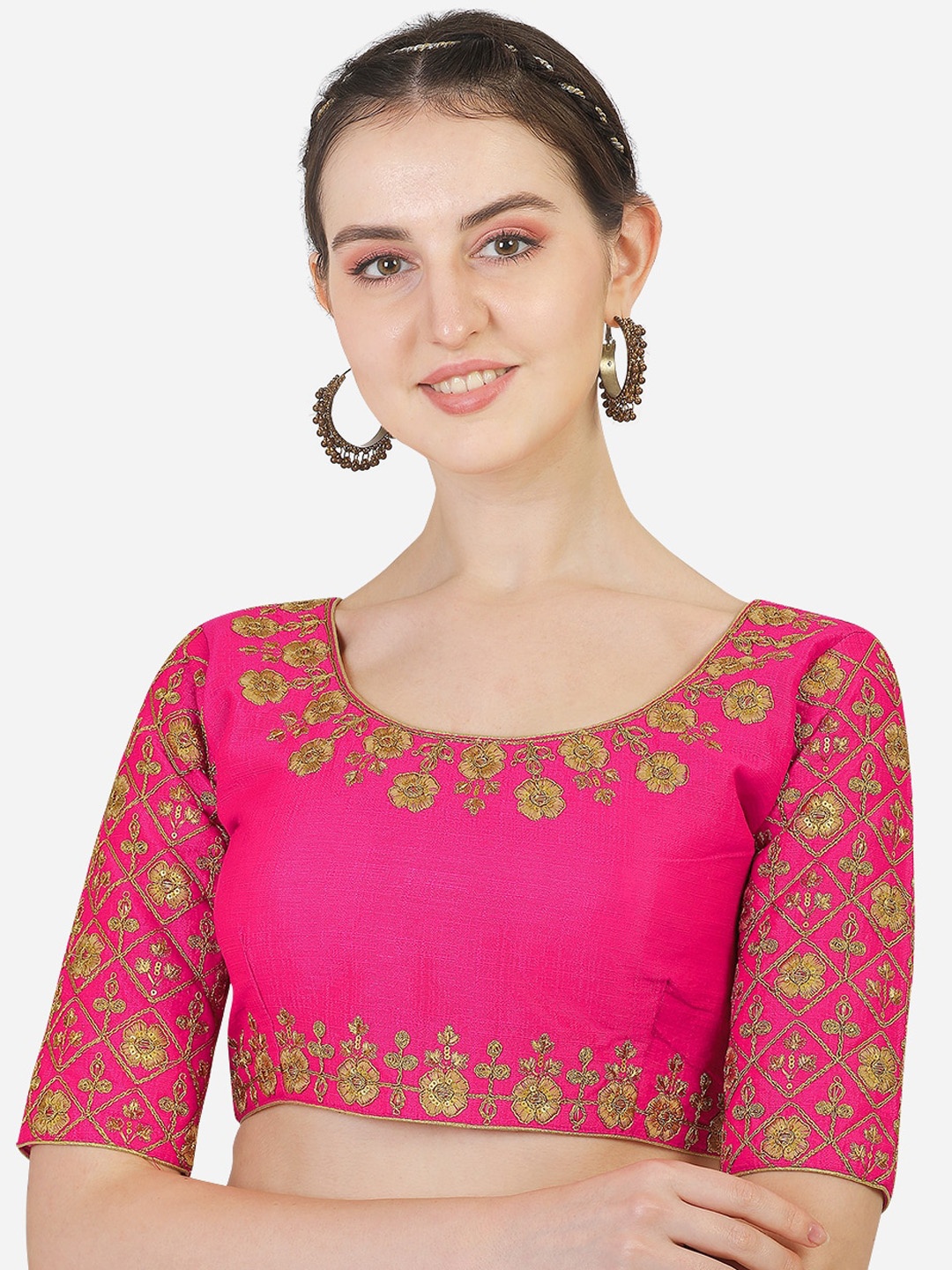 

Sumaira Tex Pink & Gold-Toned Embroidered Silk Padded Saree Blouse