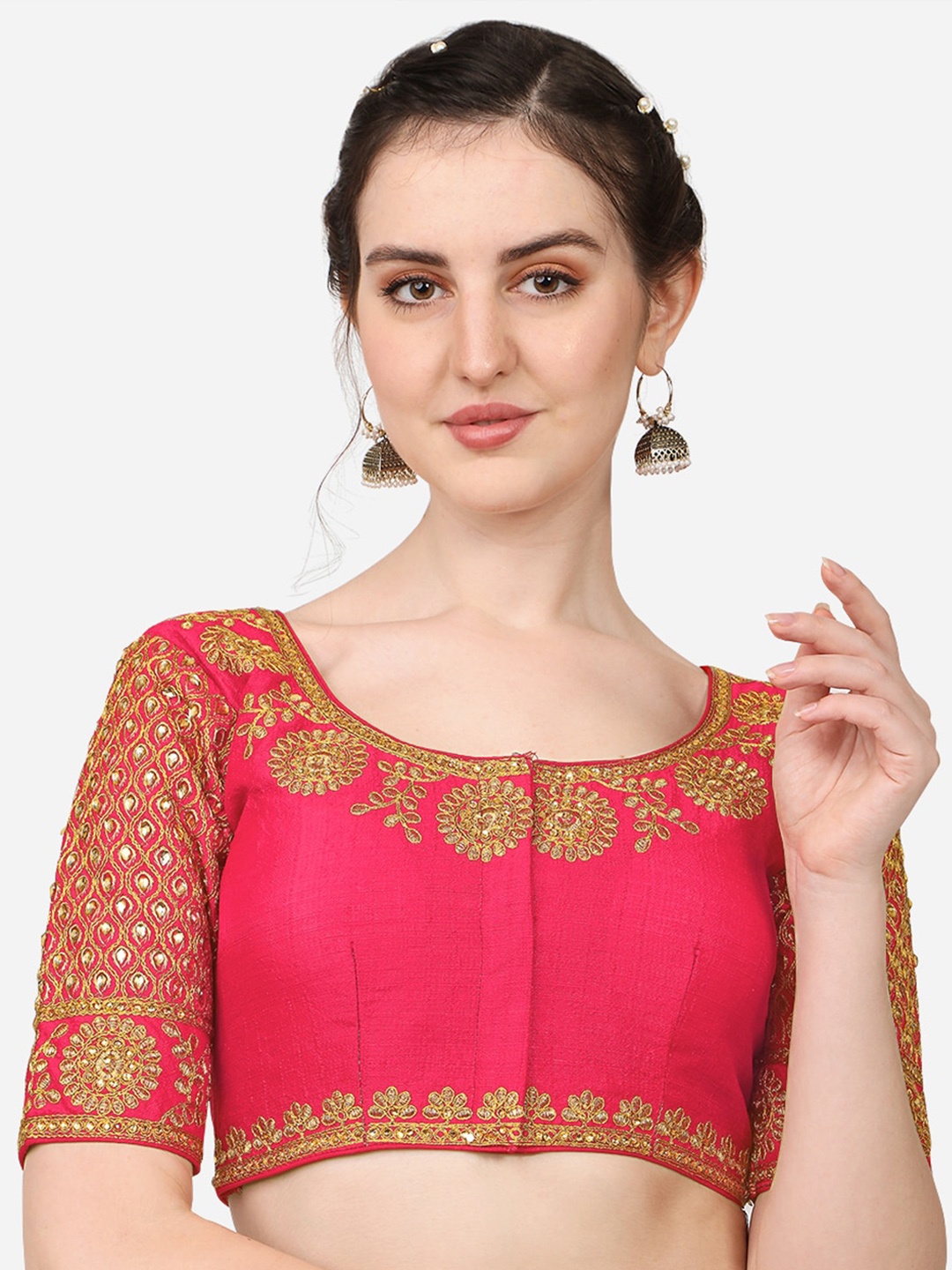 

Sumaira Tex Pink & Gold-Toned Embroidered Readymade Saree Blouse