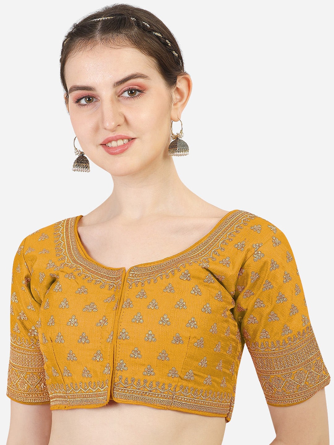 

Sumaira Tex Yellow & Gold-Toned Embroidered Readymade Saree Blouse