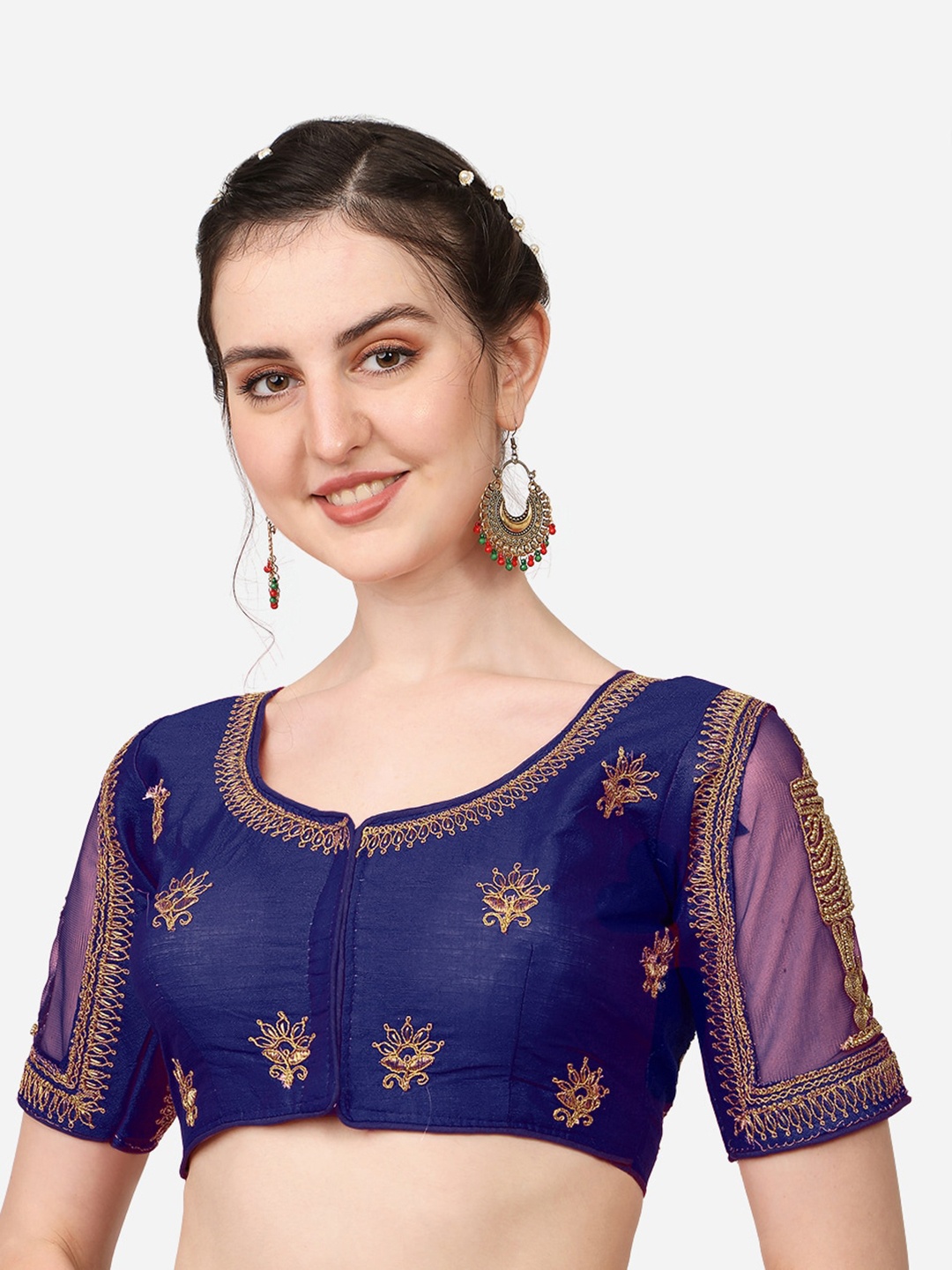 

Sumaira Tex Blue & Gold-Toned Embroidered Silk Saree Blouse
