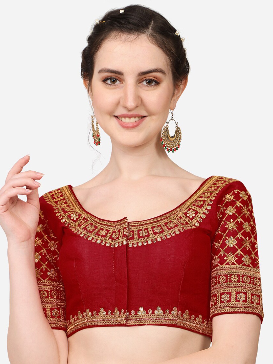 

Sumaira Tex Maroon & Gold-Toned Embroidered Silk Saree Blouse