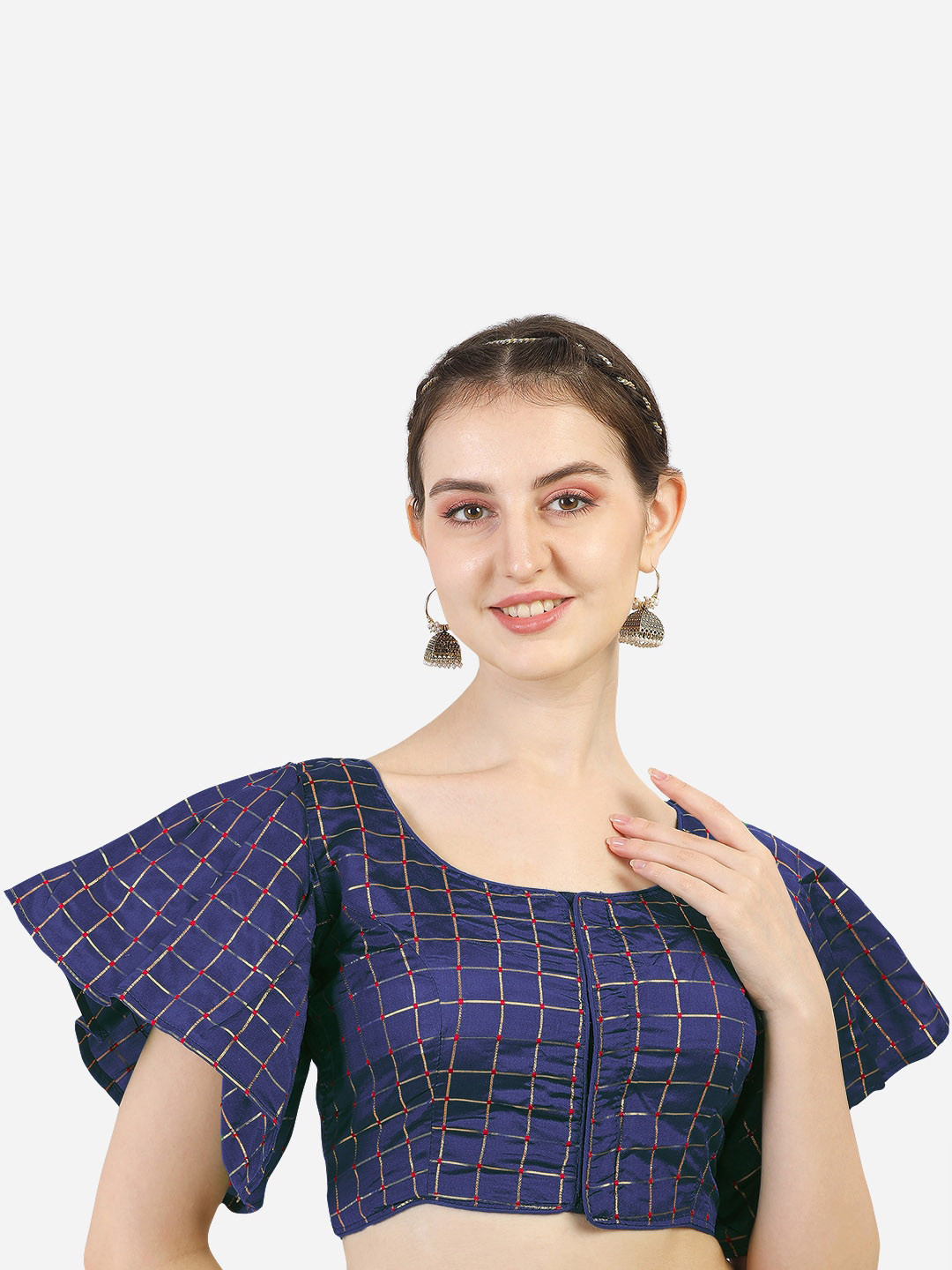 

Sumaira Tex Navy Blue & Gold-Toned Checked Saree Blouse