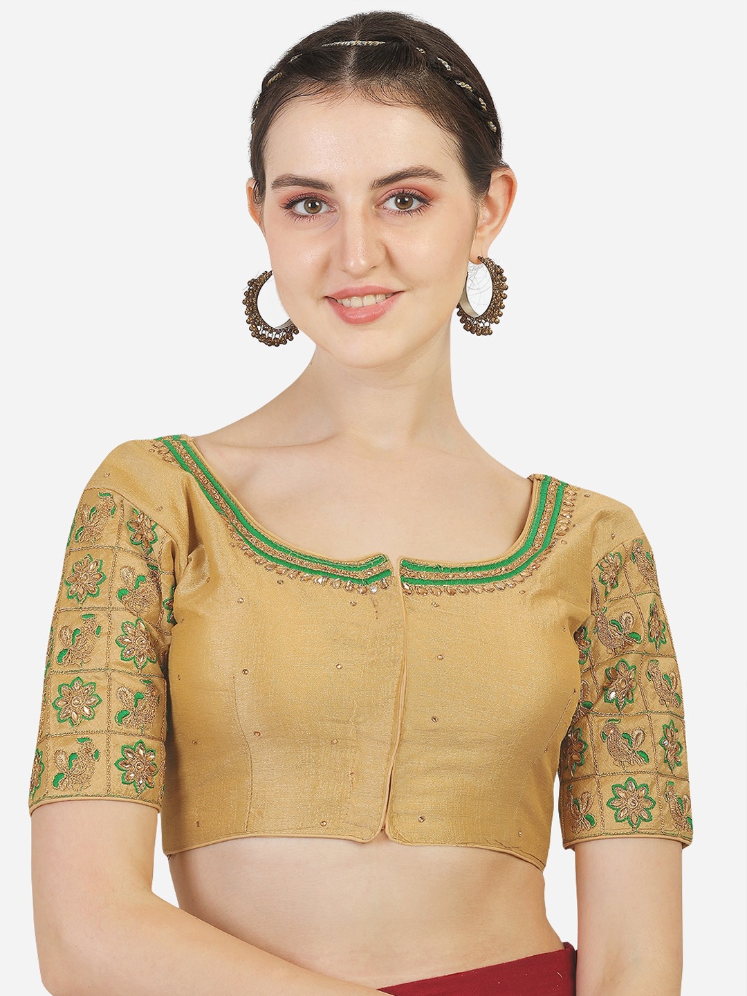 

Sumaira Tex Gold-Toned & Green Embroidered Silk Padded Saree Blouse