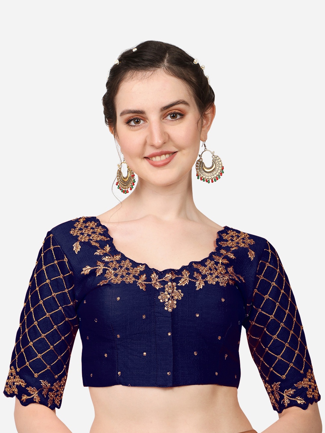 

Sumaira Tex Navy Blue & Gold-Toned Embroidered Readymade Saree Blouse