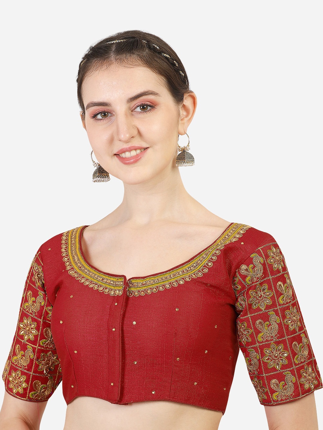 

Sumaira Tex Maroon & Gold-Toned Embroidered Silk Saree Blouse