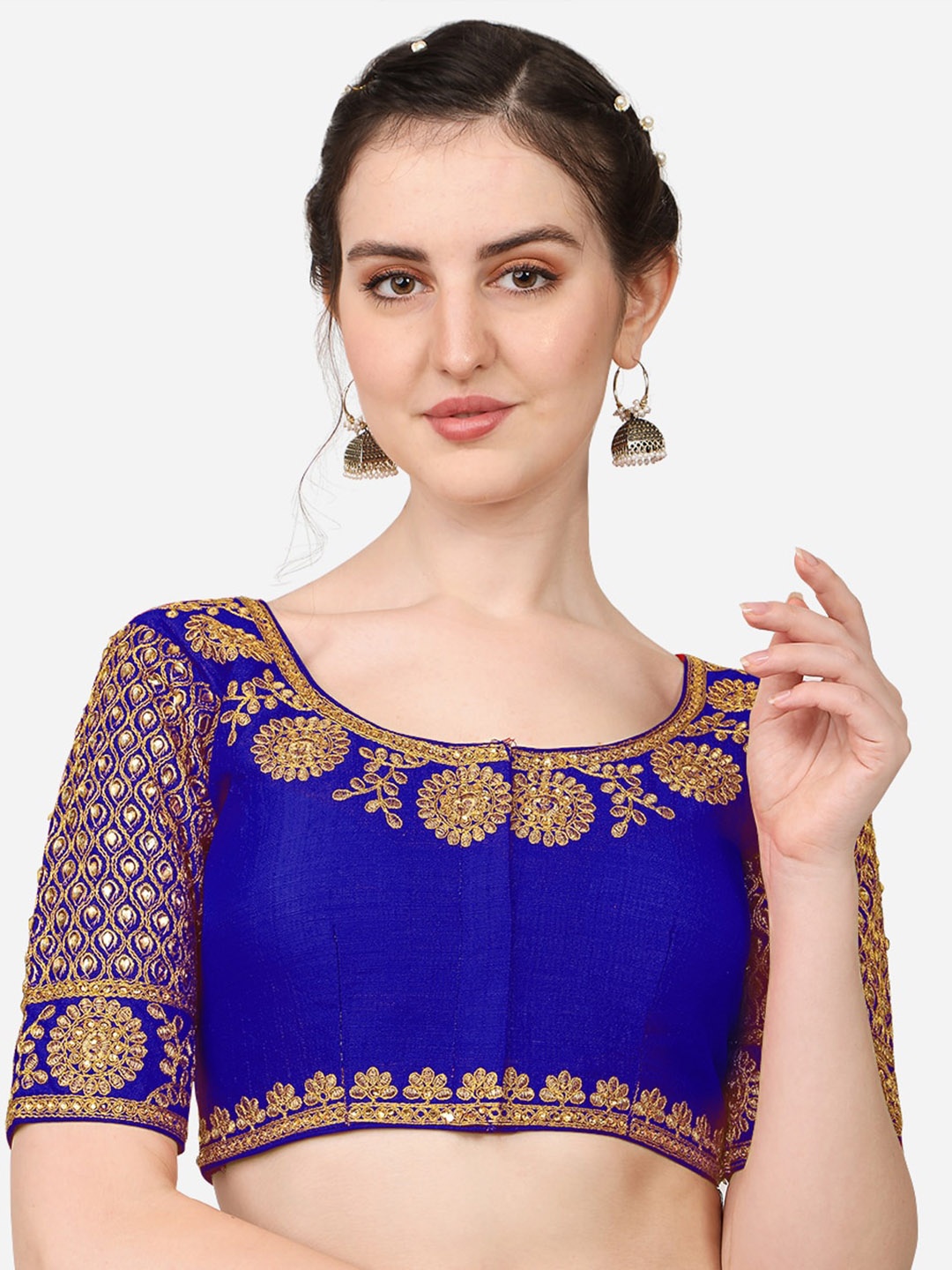 

Sumaira Tex Women Blue Embroidered Silk Saree Blouse