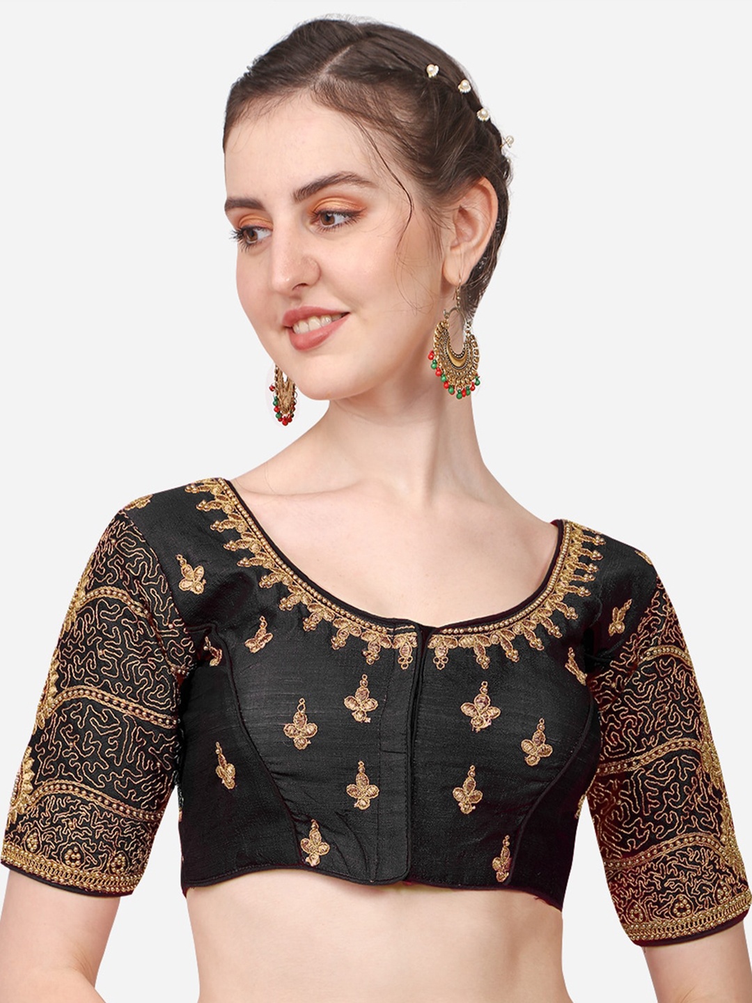 

Sumaira Tex Women Black Embroidered Silk Readymade Saree Blouse