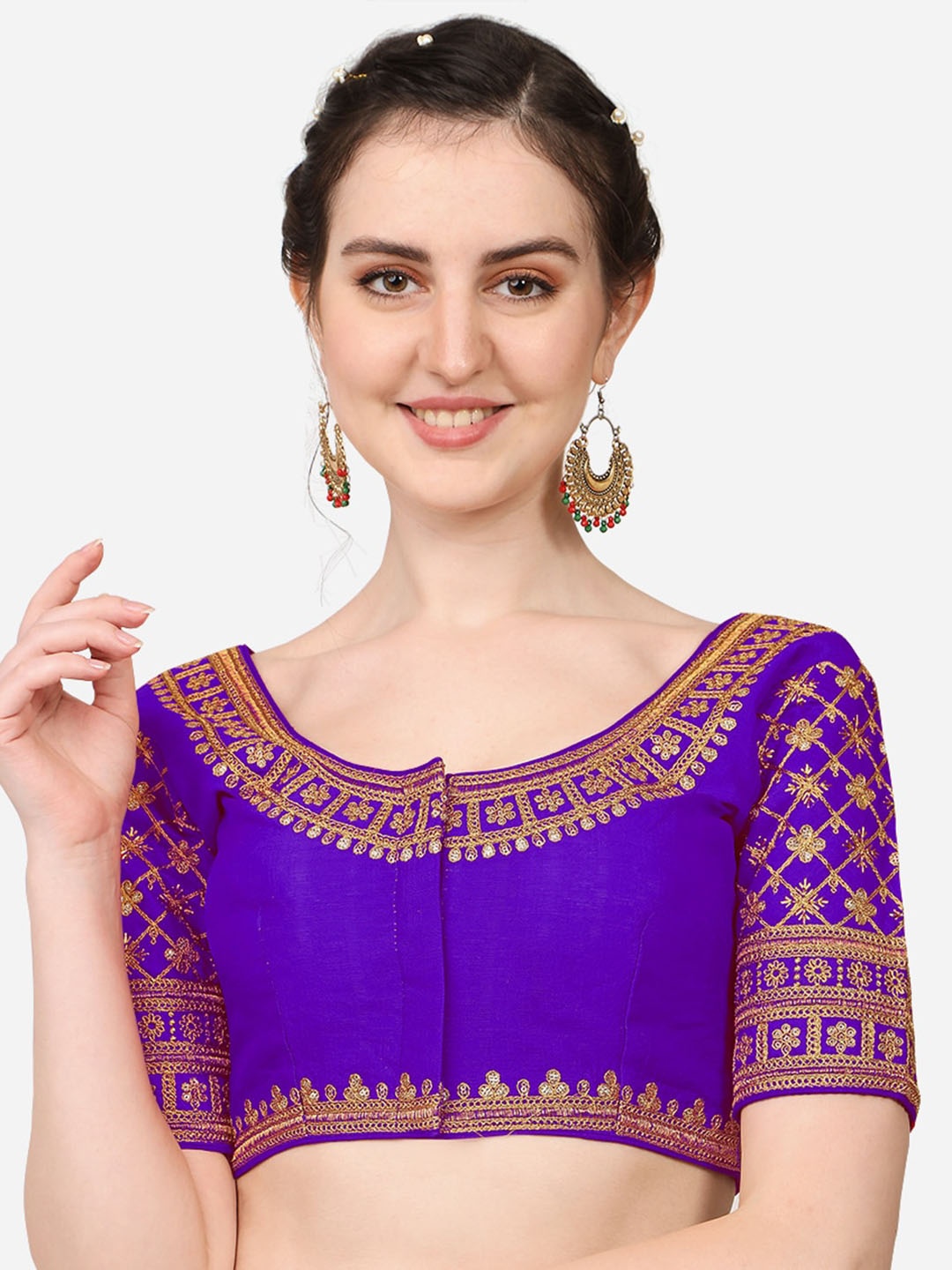 

Sumaira Tex Women Purple Embroidered Silk Padded Readymade Saree Blouse