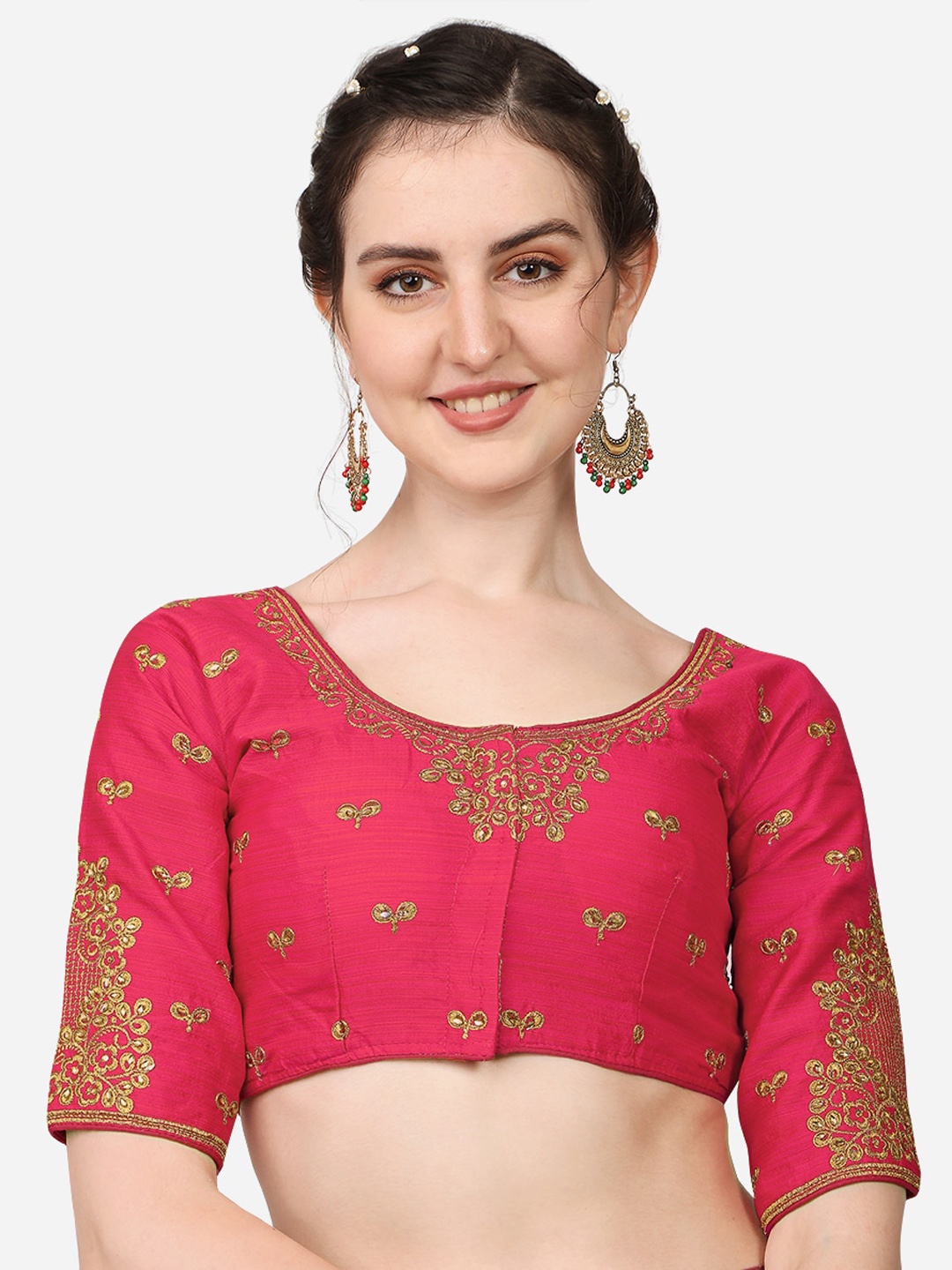 

Sumaira Tex Women Orange-Colored Embroidered Silk Readymade Saree Blouse