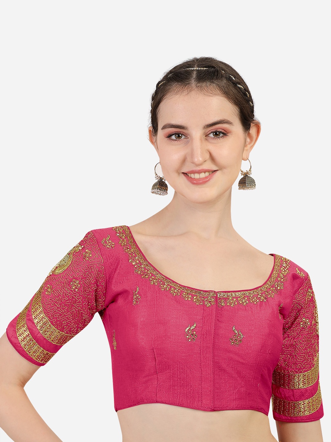 

Sumaira Tex Women Pink Embroidered Silk Readymade Saree Blouse