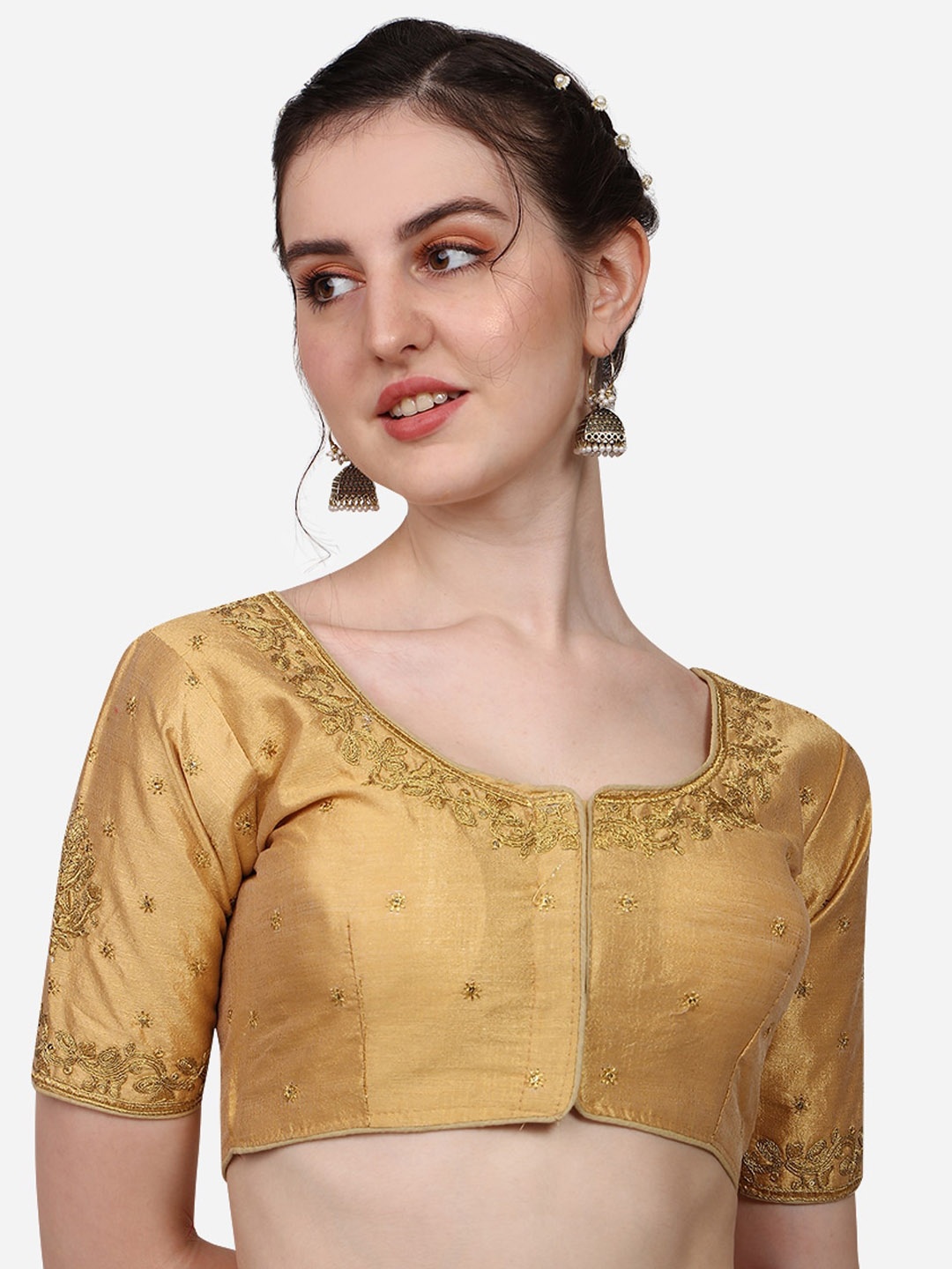 

Sumaira Tex Women Gold-Toned Embroidered Silk Padded Readymade Saree Blouse