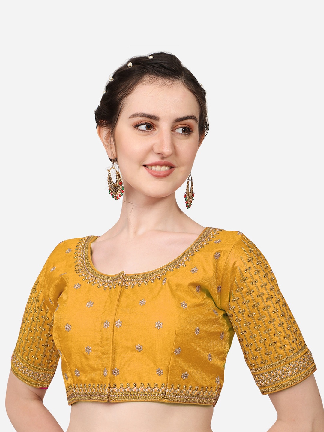 

Sumaira Tex Women Yellow Embroidered Silk Readymade Saree Blouse