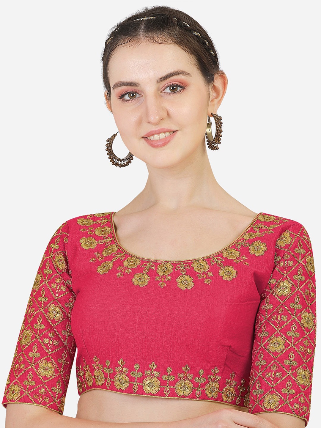 

Sumaira Tex Pink Embroidered Silk Padded Saree Blouse