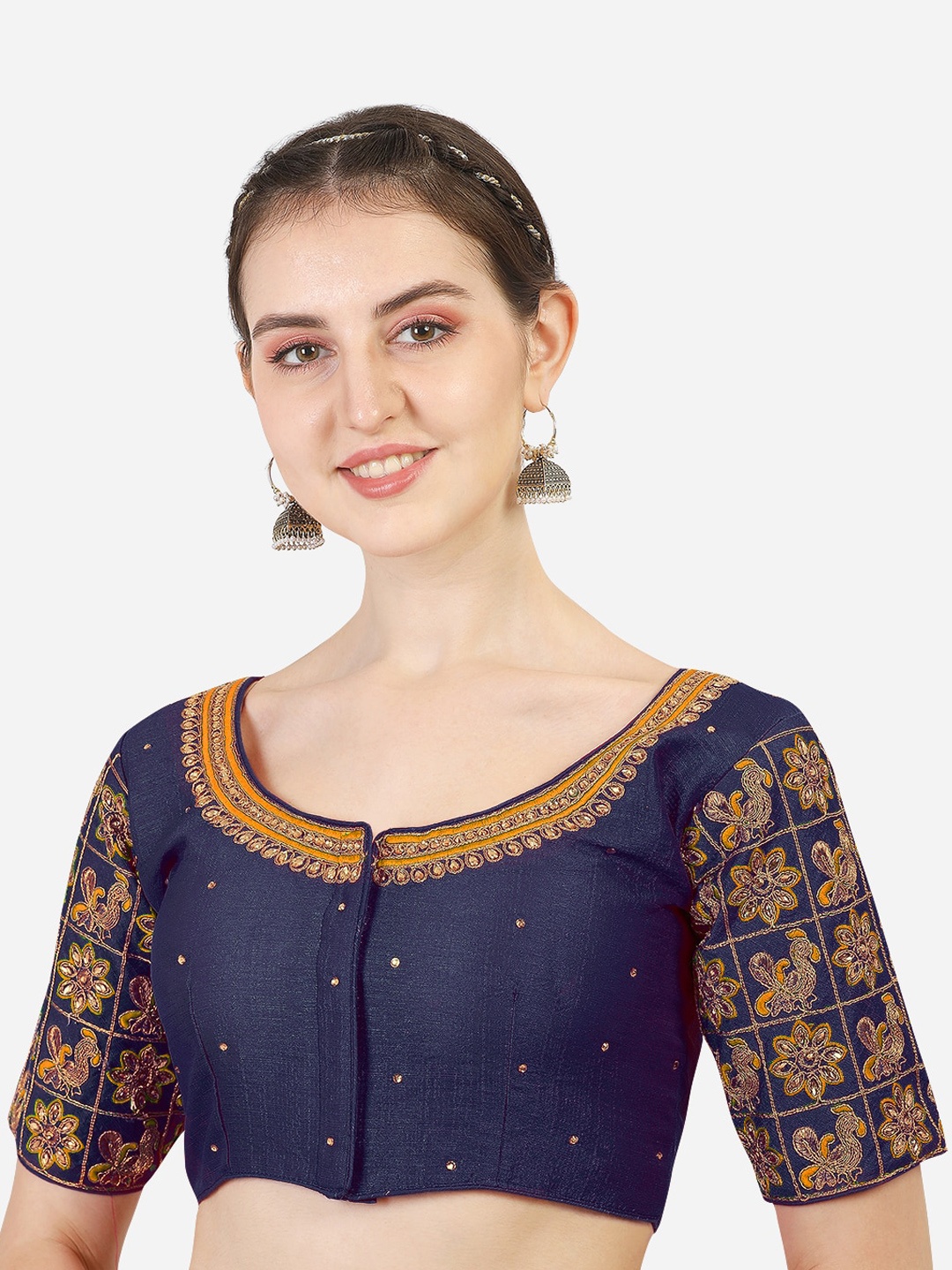 

Sumaira Tex Women Navy-Blue Embroidery Saree Blouse