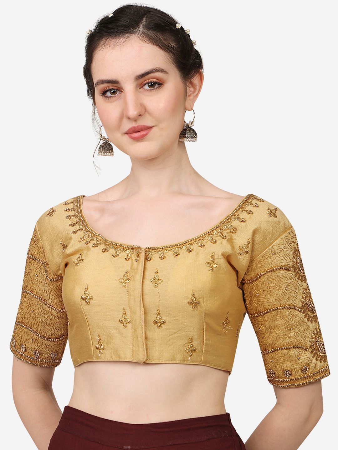 

Sumaira Tex Women Gold Embroidered & Khatli Work Readymade Saree Blouse