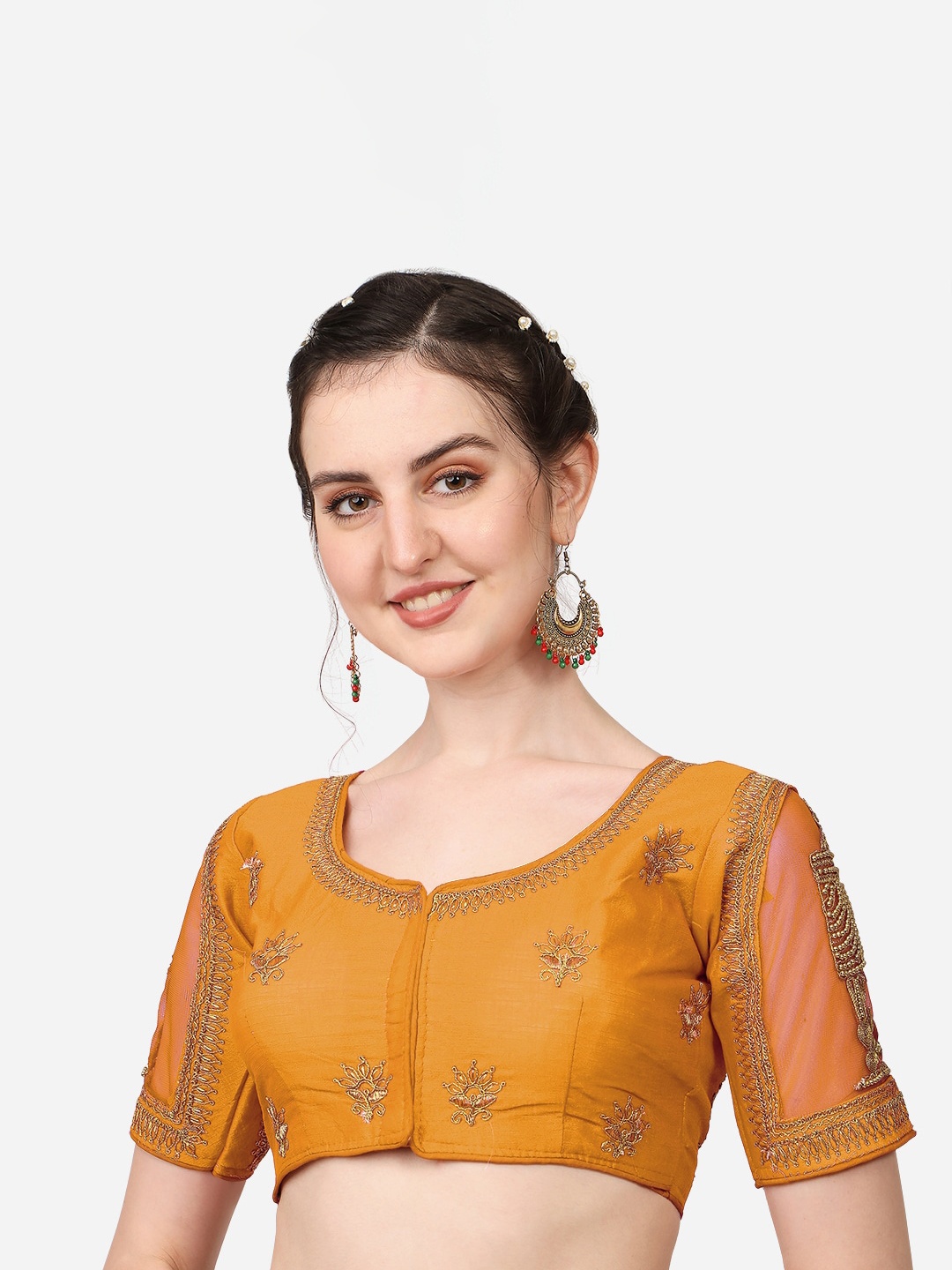 

Sumaira Tex Women Yellow Embroidered Silk Saree Blouse