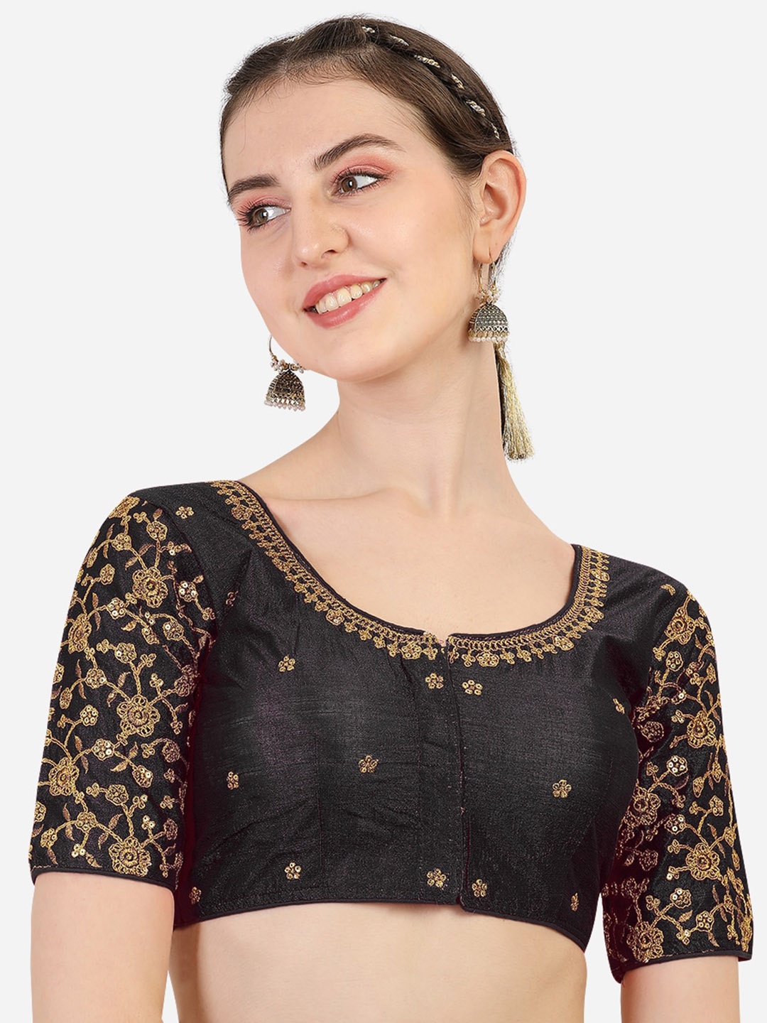 

Sumaira Tex Black Embroidered Silk Padded Saree Blouse