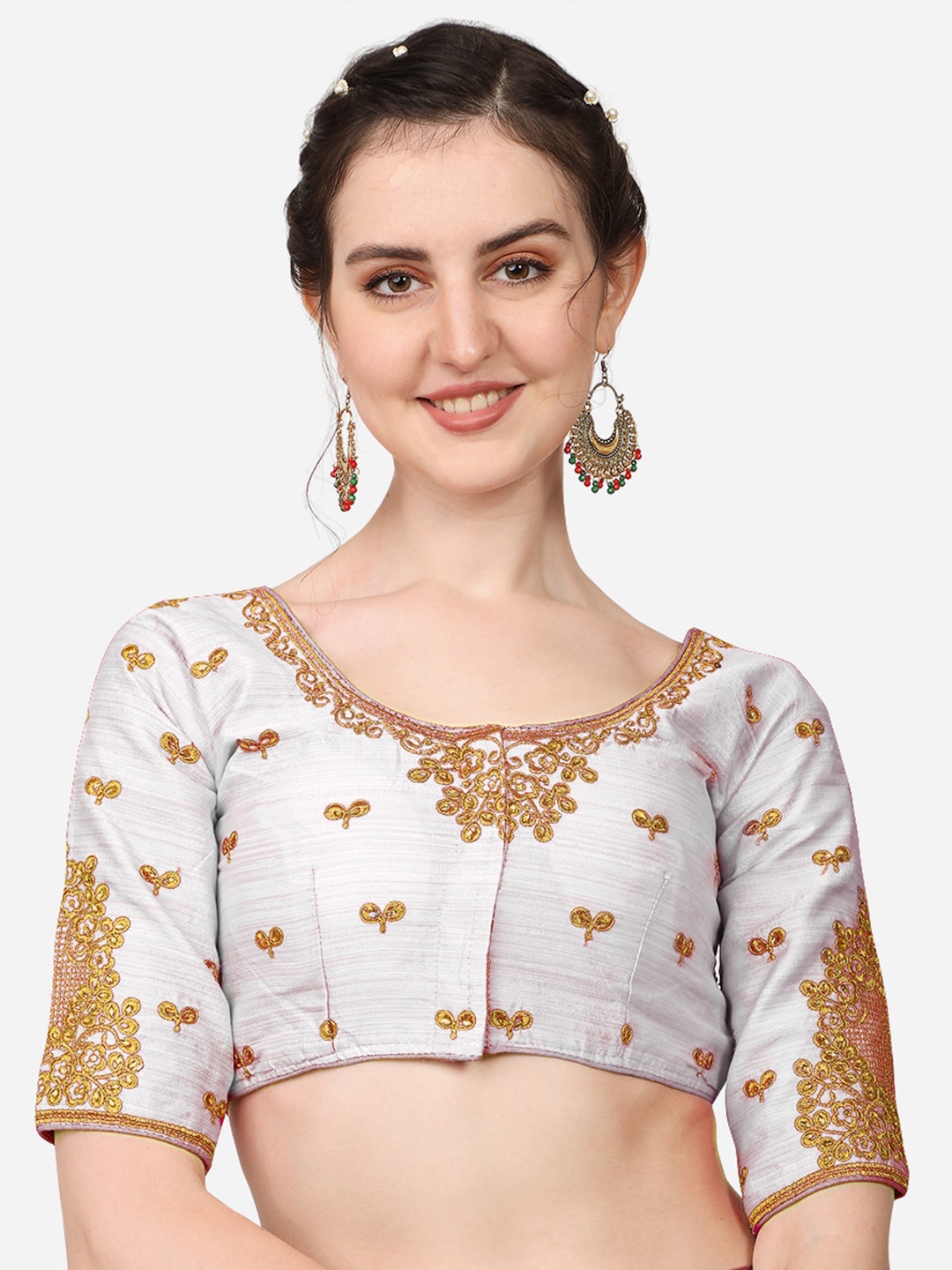 

Sumaira Tex Women White Embroidered & Stone Work Readymade Saree Blouse
