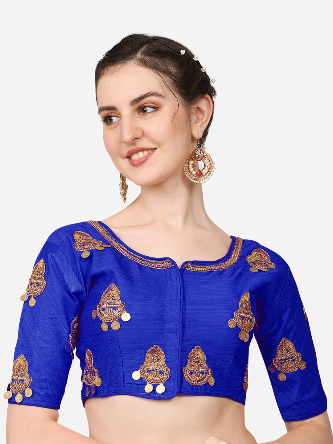 

Sumaira Tex Blue Embroidered Silk Padded Saree Blouse