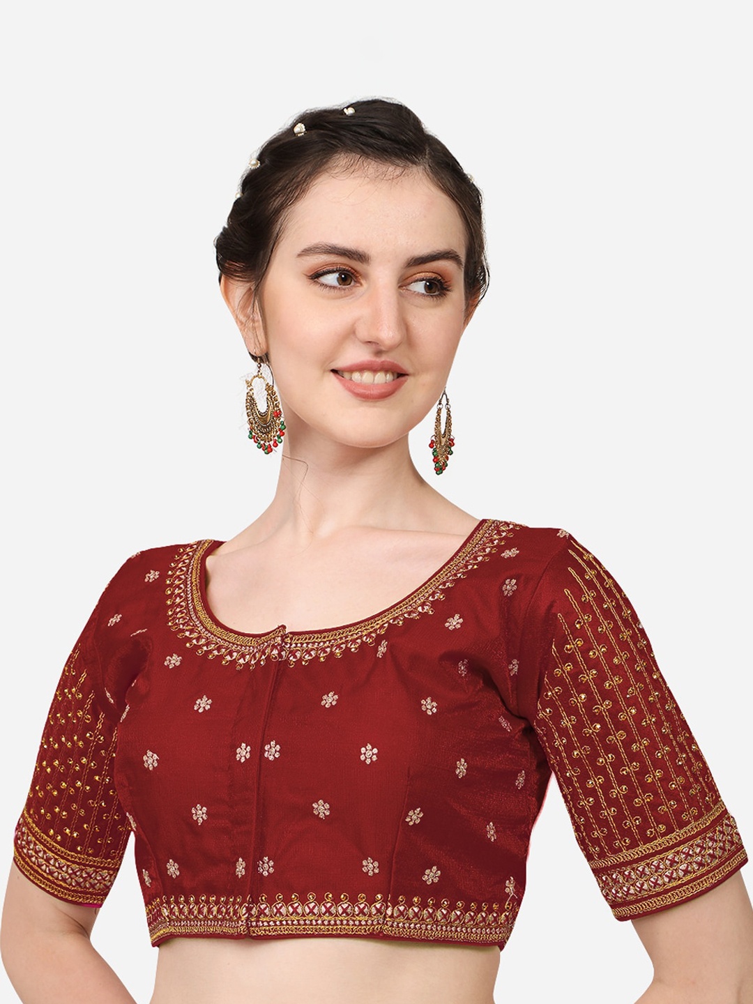 

Sumaira Tex Maroon & Gold-Toned Embroidered Saree Blouse