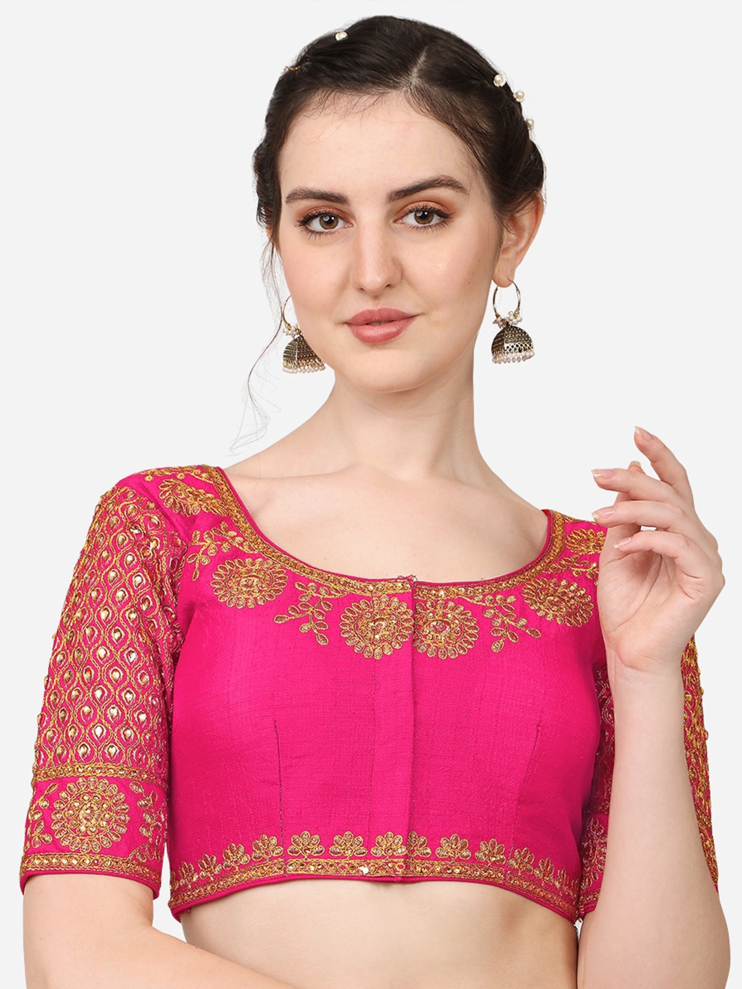 

Sumaira Tex Women Pink Embroidered & Khatli Work Readymade Saree Blouse