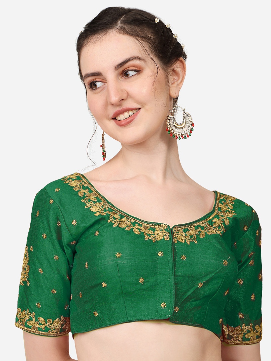 

Sumaira Tex Green Embroidered Silk Saree Blouse