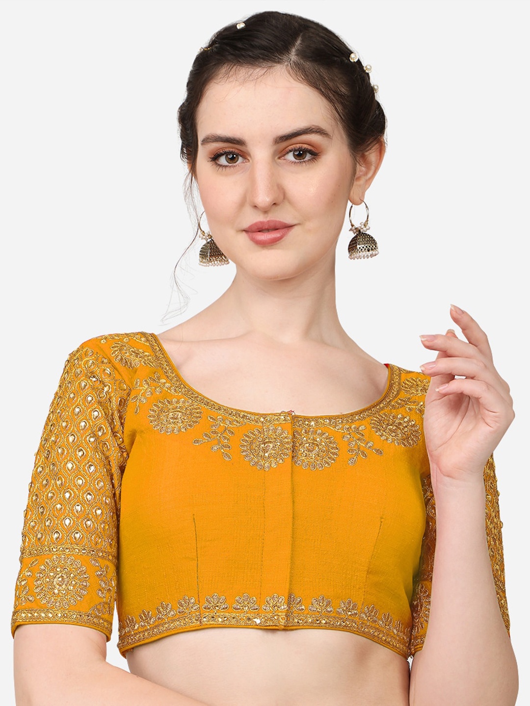 

Sumaira Tex Women Yellow Embroidered Silk Saree Blouse
