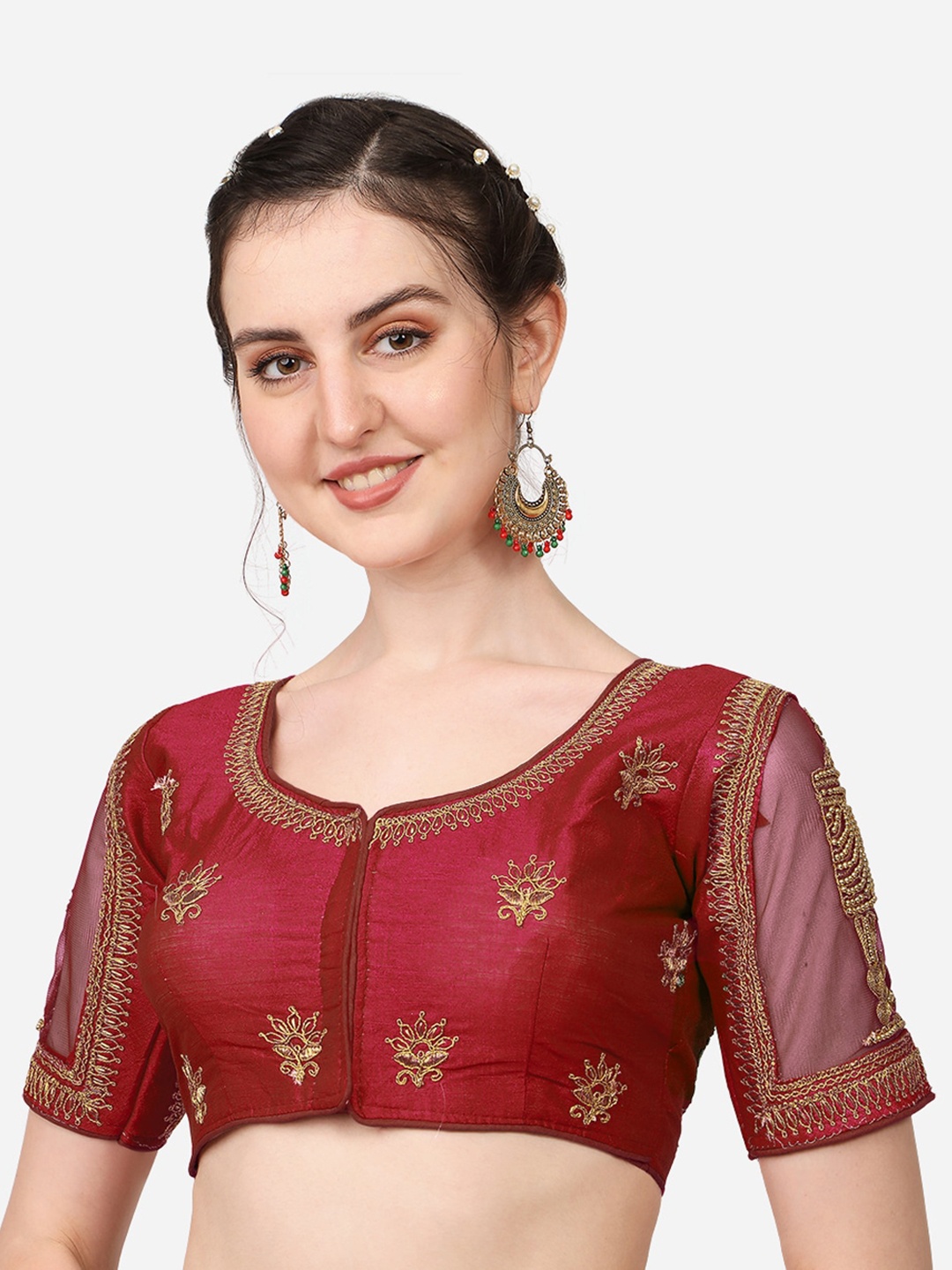 

Sumaira Tex Women Maroon & Gold Embroidered Saree Blouse