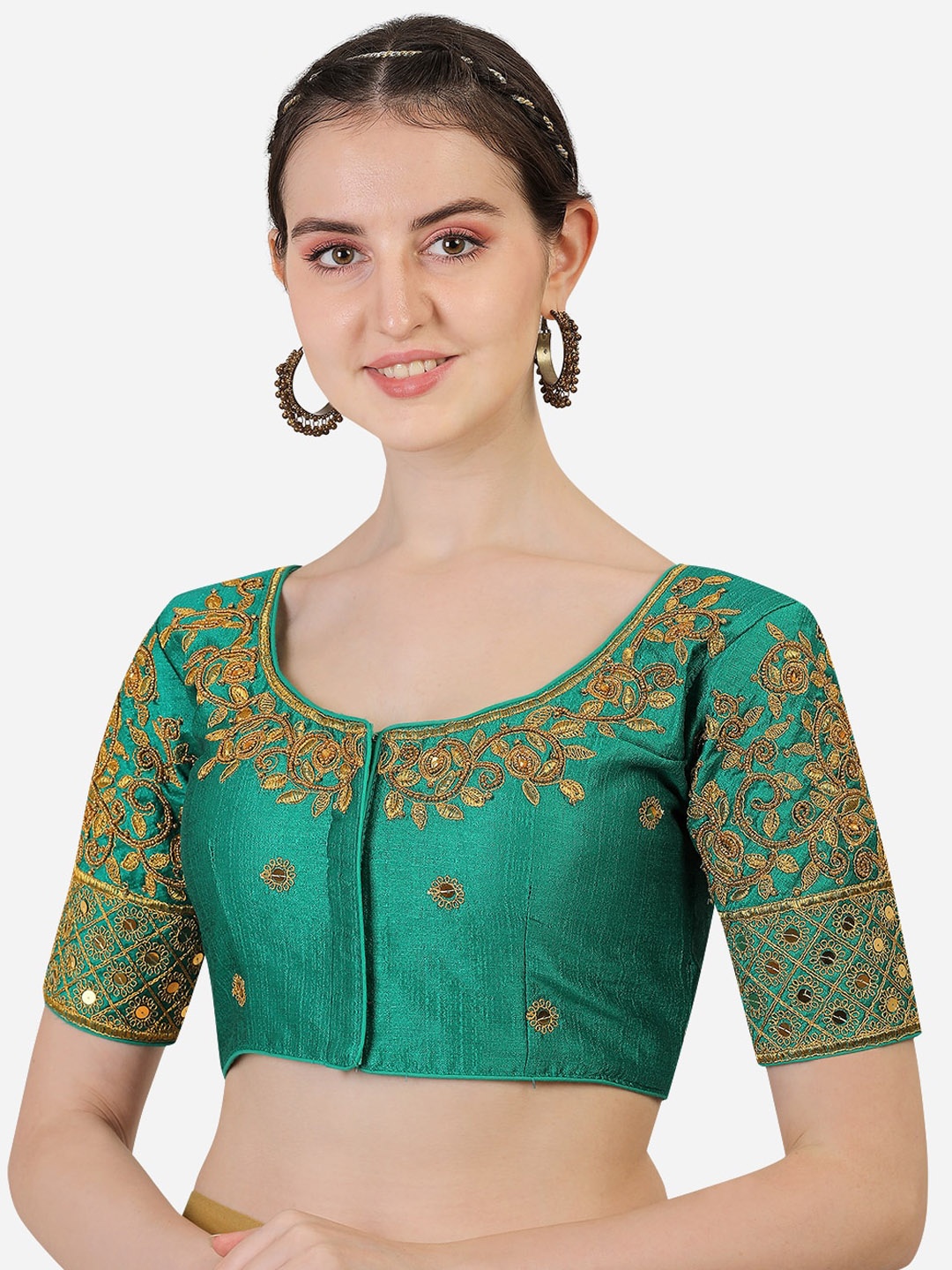 

Sumaira Tex Women Teal & Gold Embroidered Saree Blouse