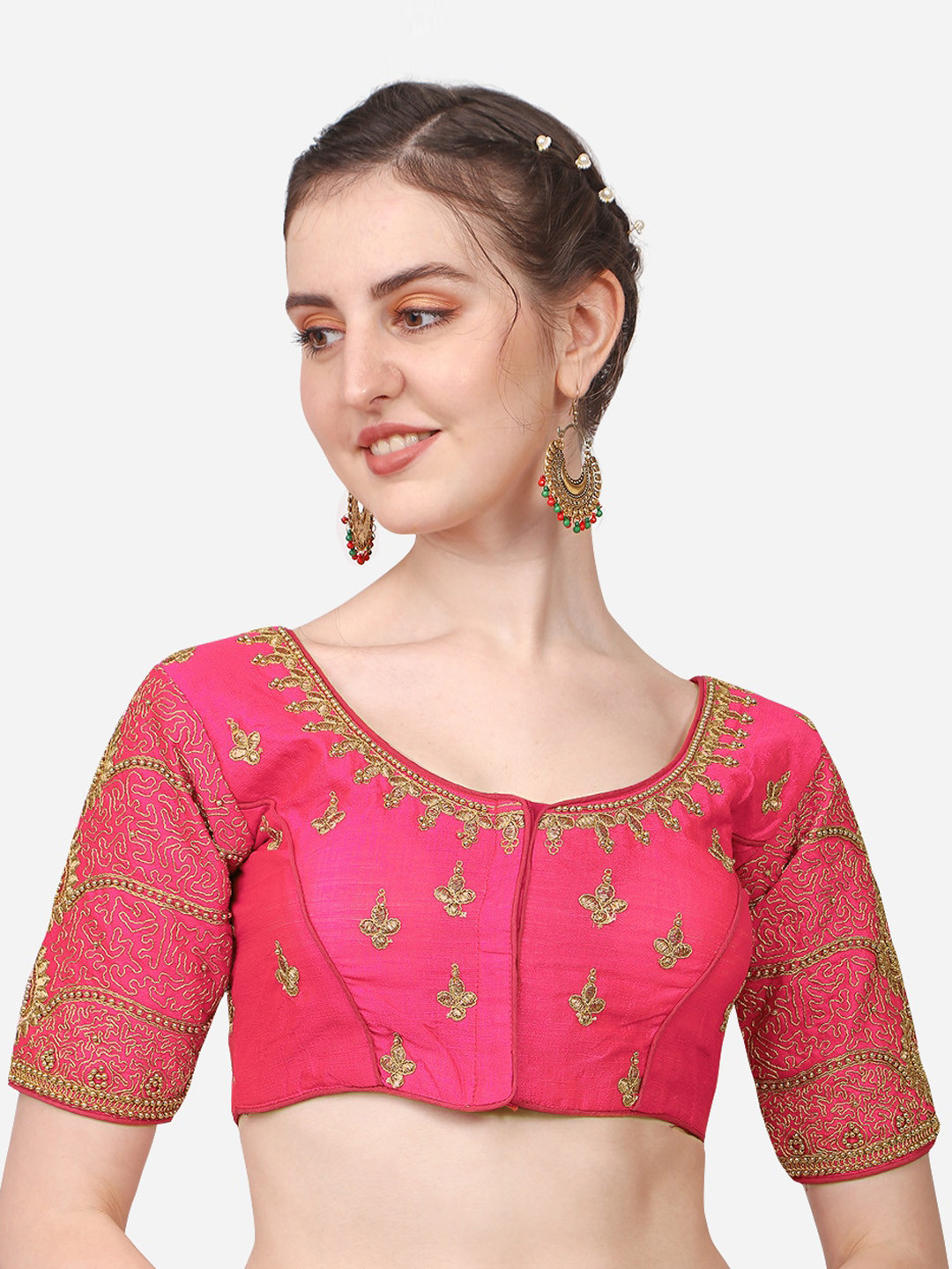 

Sumaira Tex Women Pink & Gold Embroidered Saree Blouse