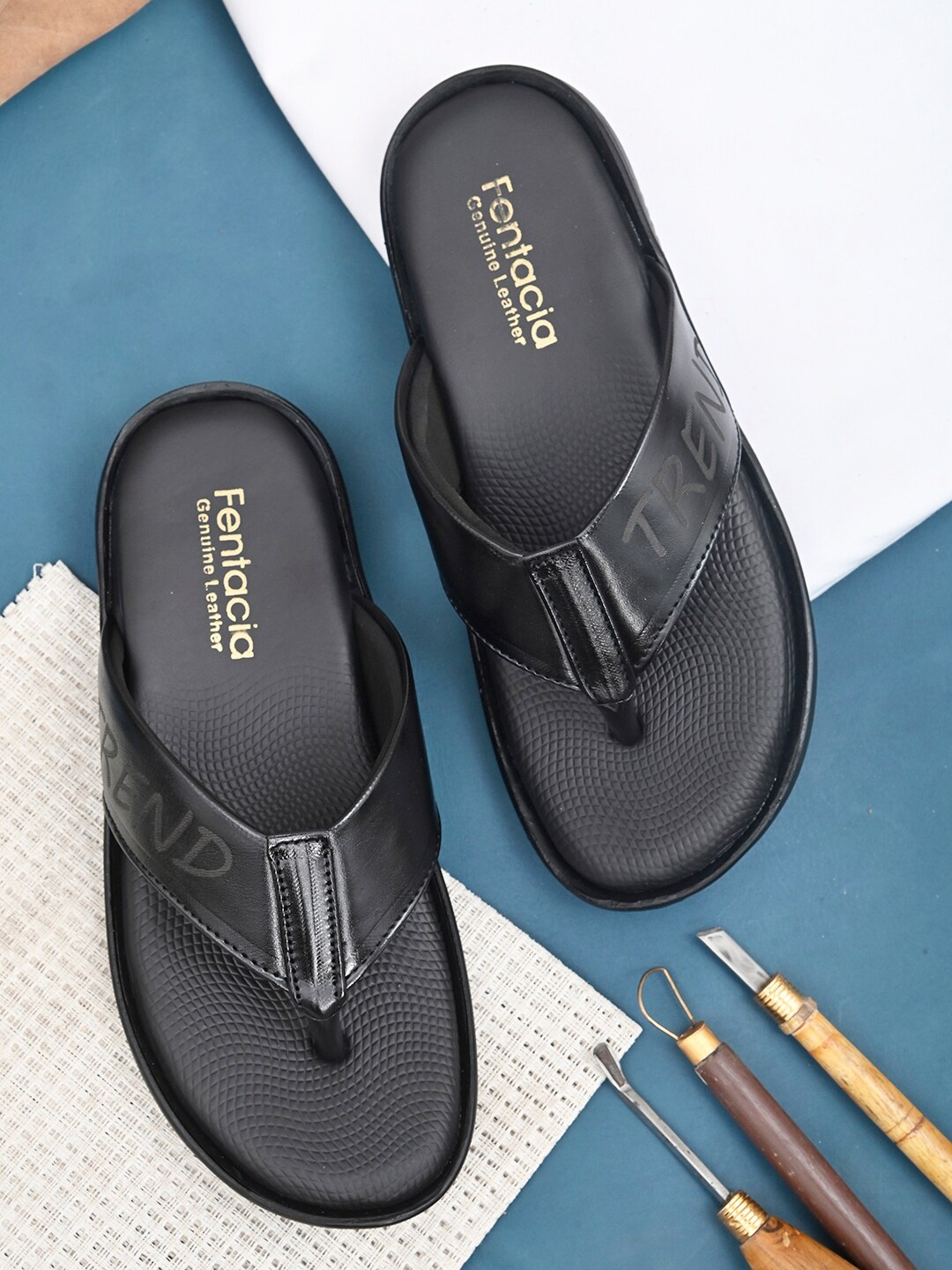 

Fentacia Men Black Leather Comfort Sandals