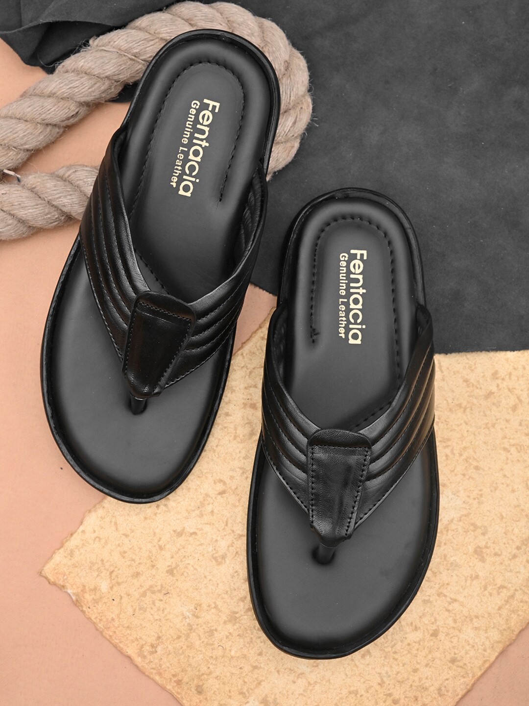 

Fentacia Men Black Leather Comfort Sandals