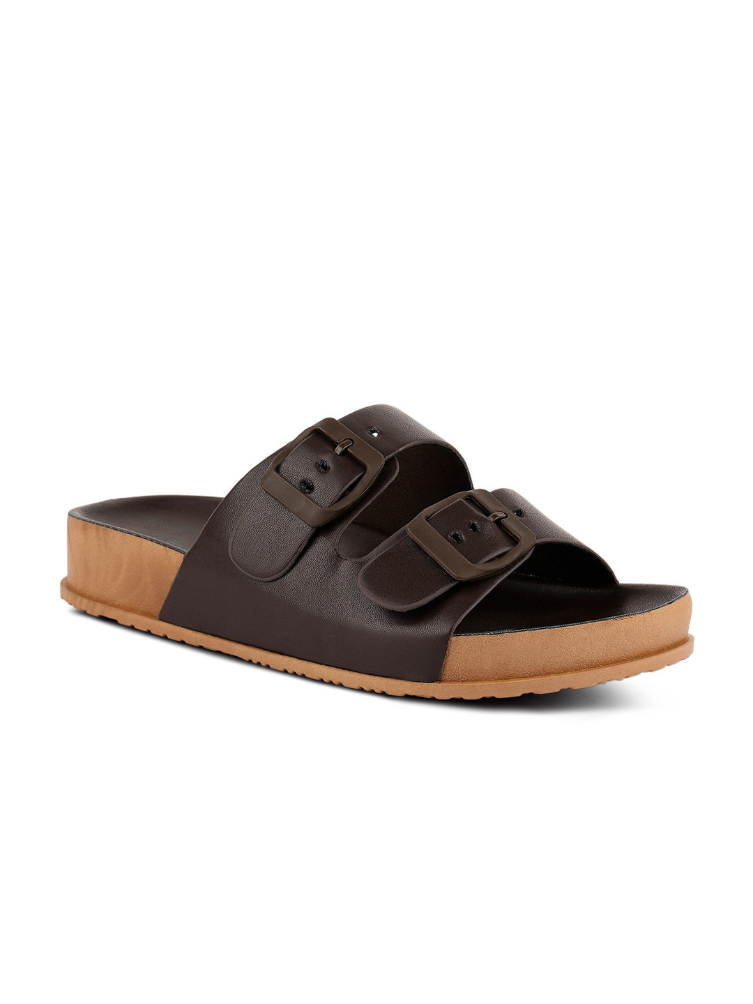 

London Rag Women Brown PU Wedge Platform Buckled Slide Heels