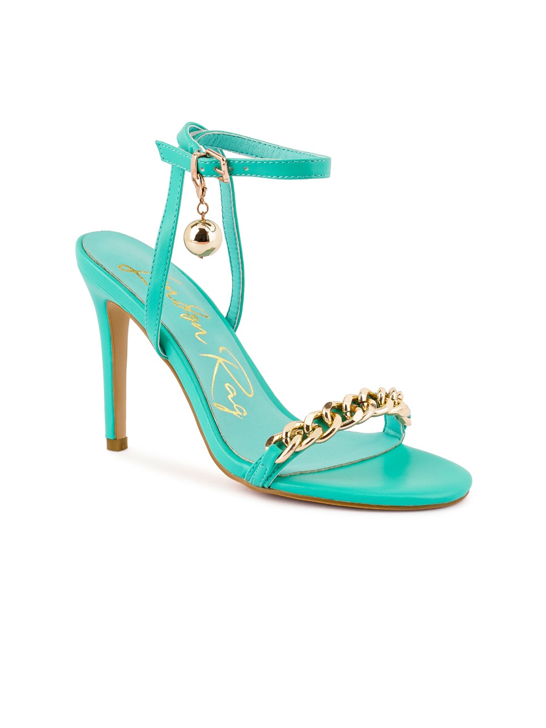 

London Rag Women Blue & Gold-Toned Embellished Metal Chain Strap Stiletto Sandals