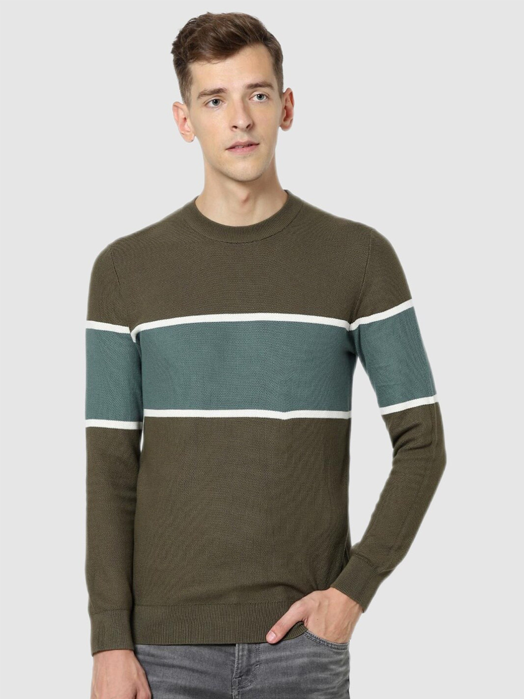 

Celio Men Olive Green & Blue Colourblocked Pullover
