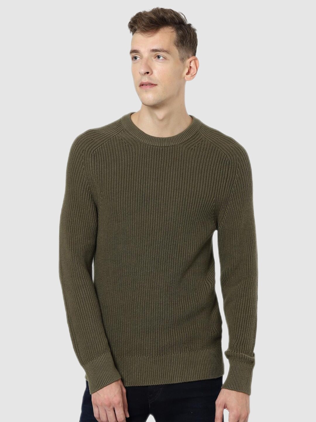 

Celio Men Olive Green Striped Pullover