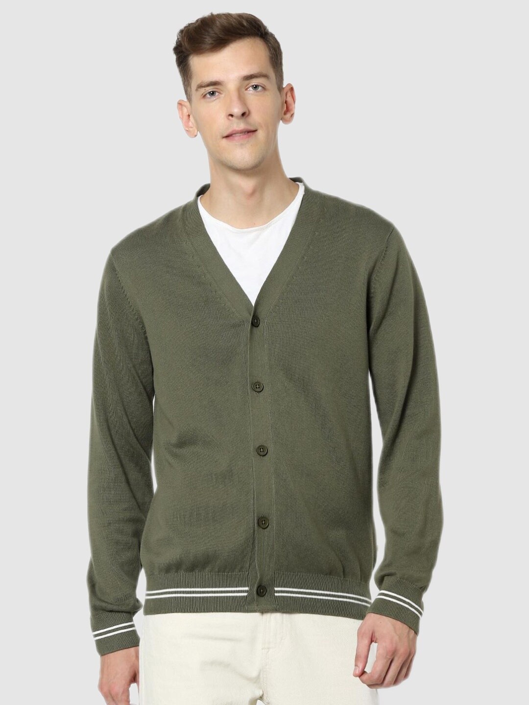 

Celio Men Olive Green & White Cotton Cardigan