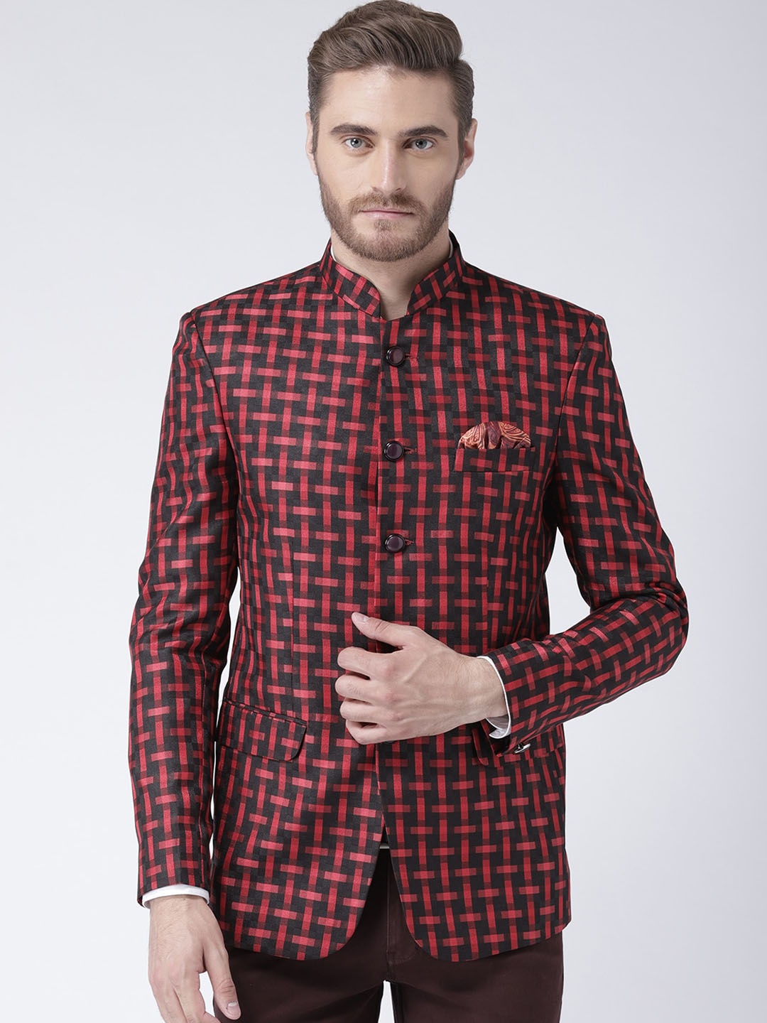 

Hangup Men Red & Black Printed Single Breasted Blazers