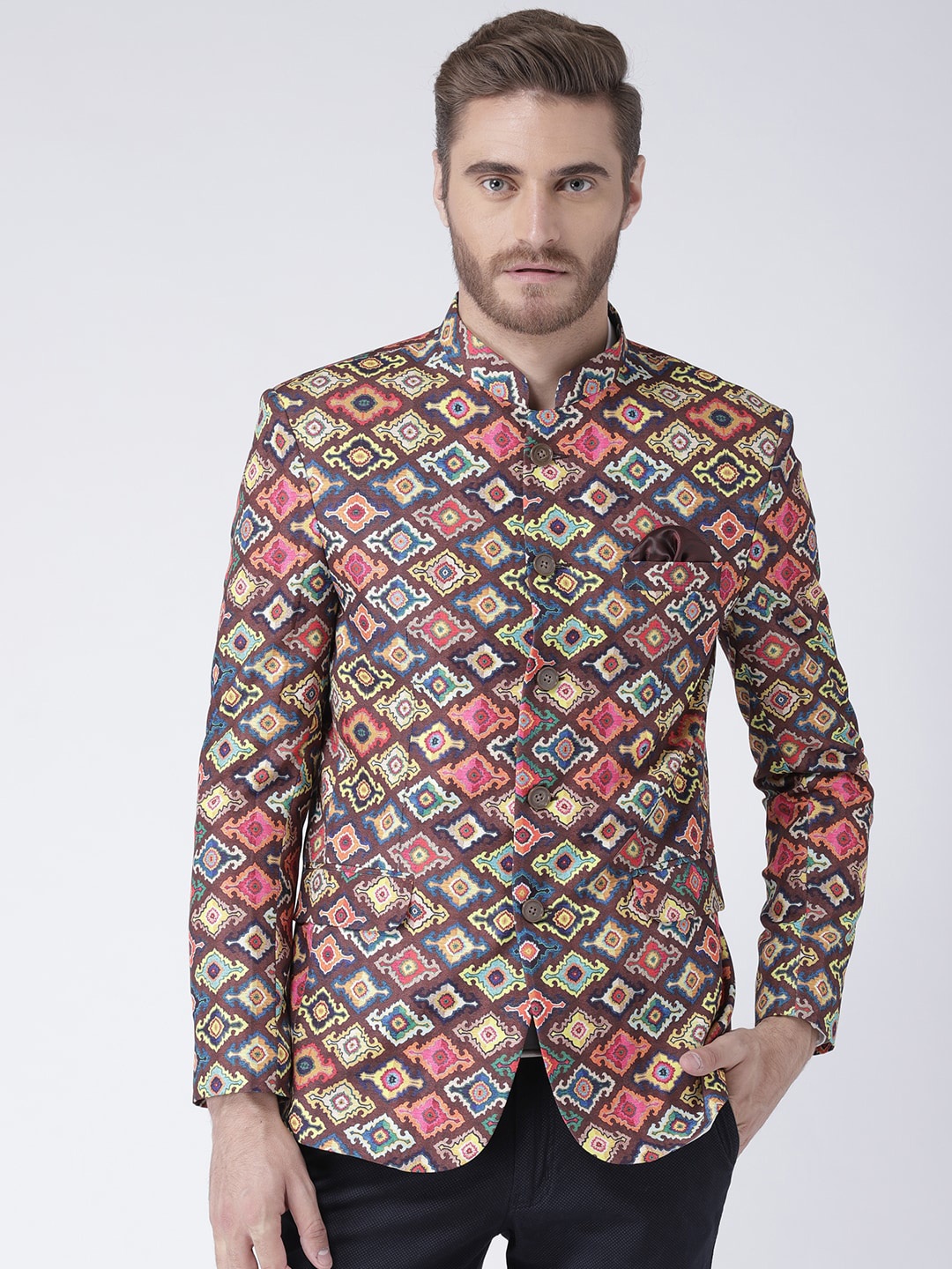 

Hangup Men Brown & Pink Printed Single-Breasted Blazers