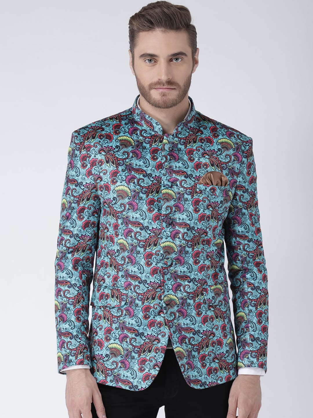 

Hangup Men Blue & Red Printed Bandhgala Blazers