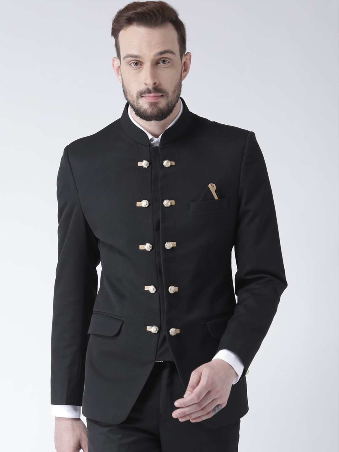 

Hangup Men Black Solid Bandhgala Blazer