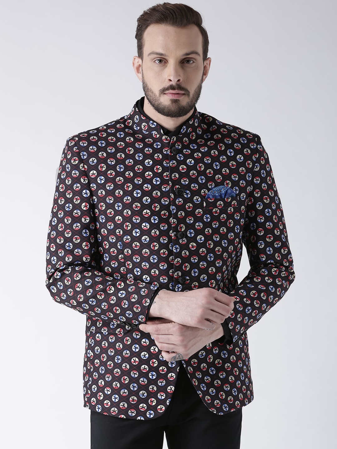 

Hangup Men Brown & Blue Printed Bandhgala Blazers