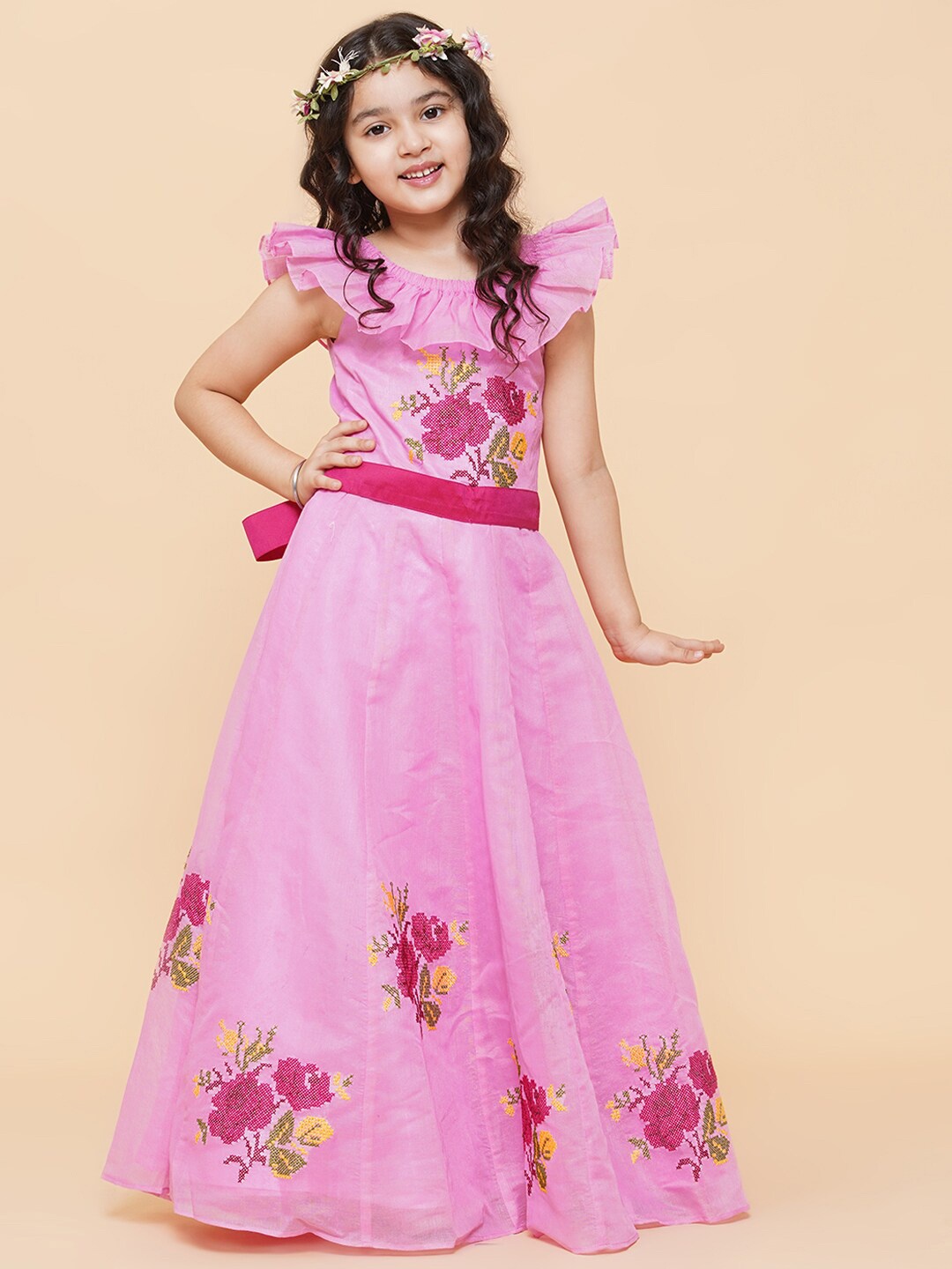 

Bitiya by Bhama Girls Pink Floral Printe Fit & Flared Maxi Dress