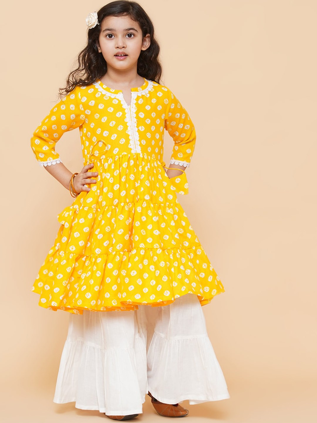 

Bitiya by Bhama Girls Yellow Printed Panelled Kurti with Sharara