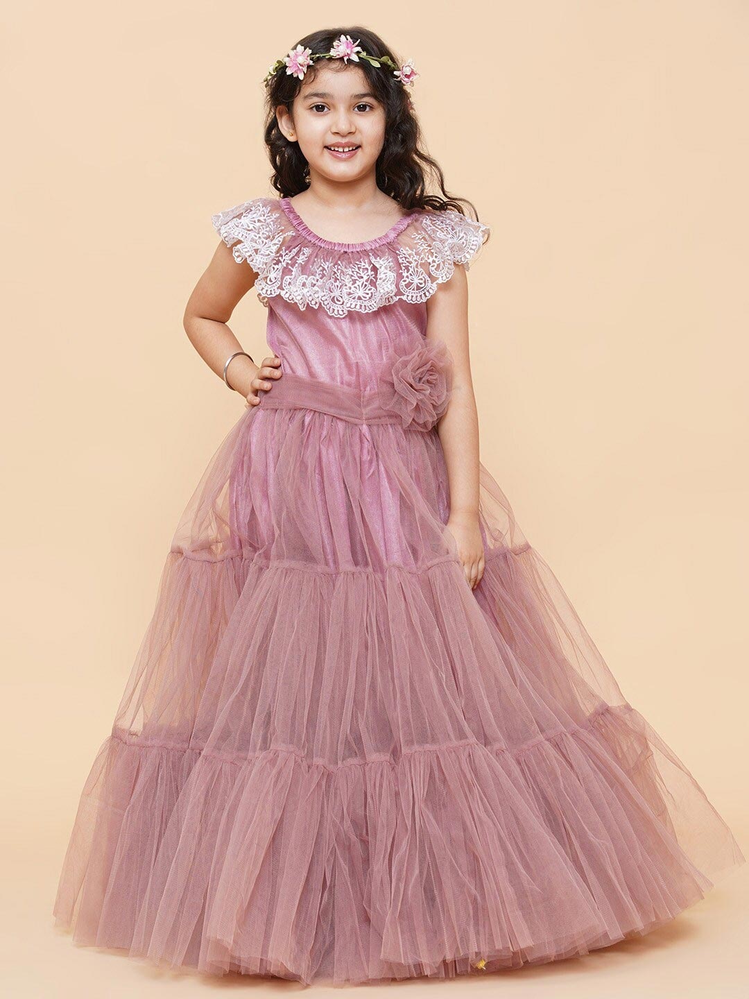 

Bitiya by Bhama Girls Onion Pink & White Net Maxi Gown