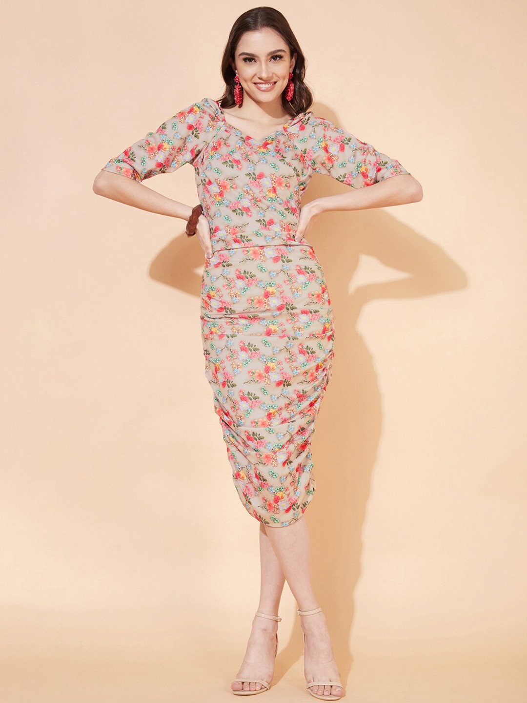

Selvia Women Beige Floral Printed Scuba Printed Bodycon Dress
