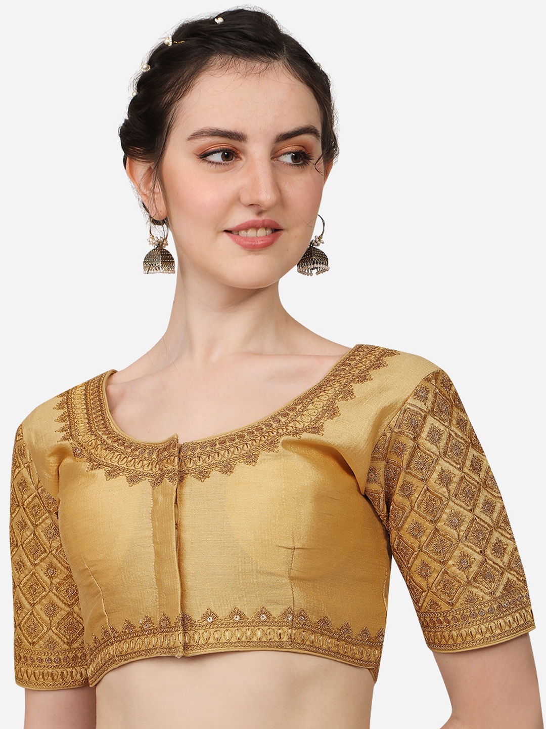 

PUJIA MILLS Women Golden Colored Embroidered Silk Saree Blouse, Gold