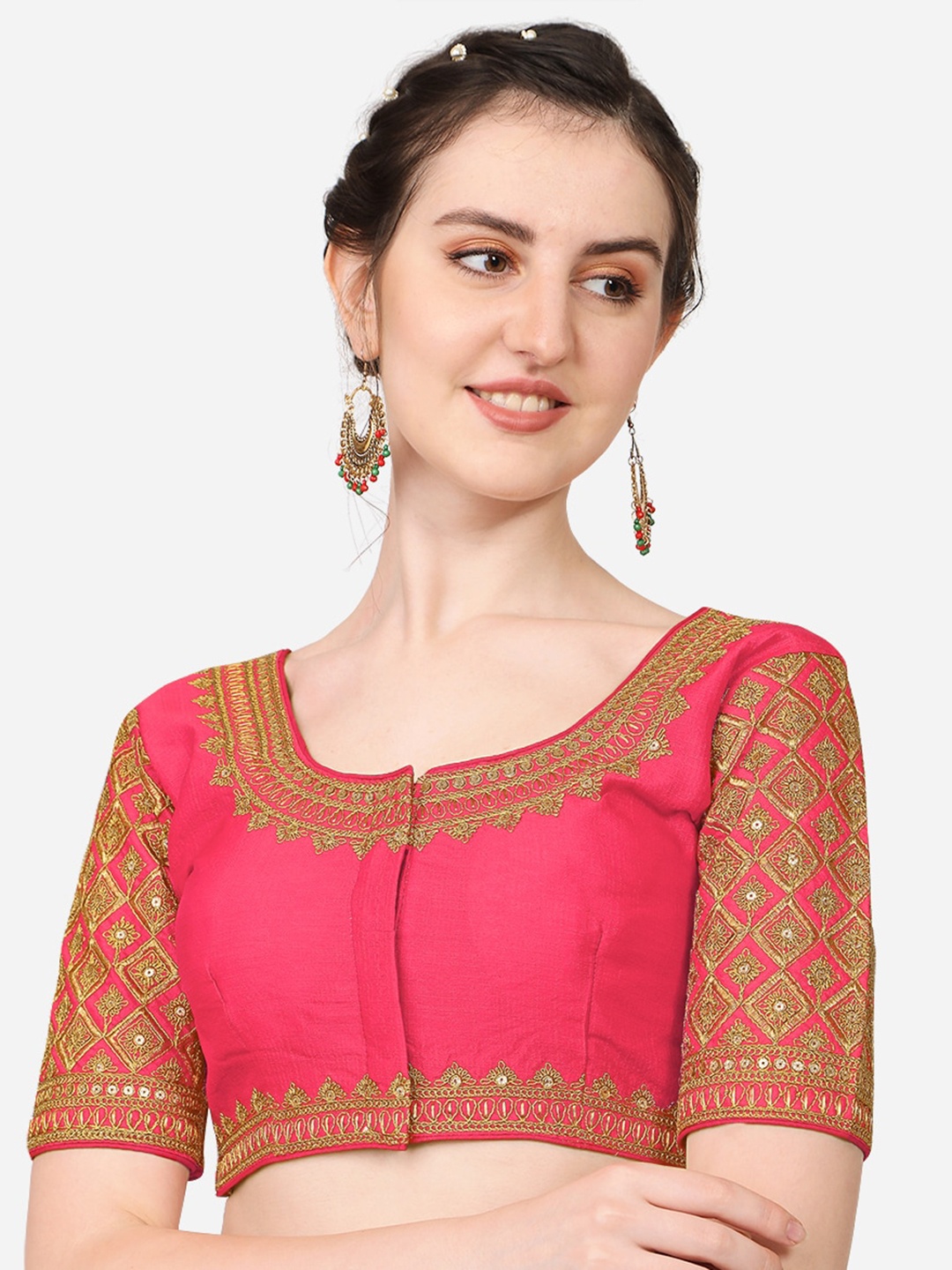 

PUJIA MILLS Pink & Gold-Coloured Embroidered Saree Blouse