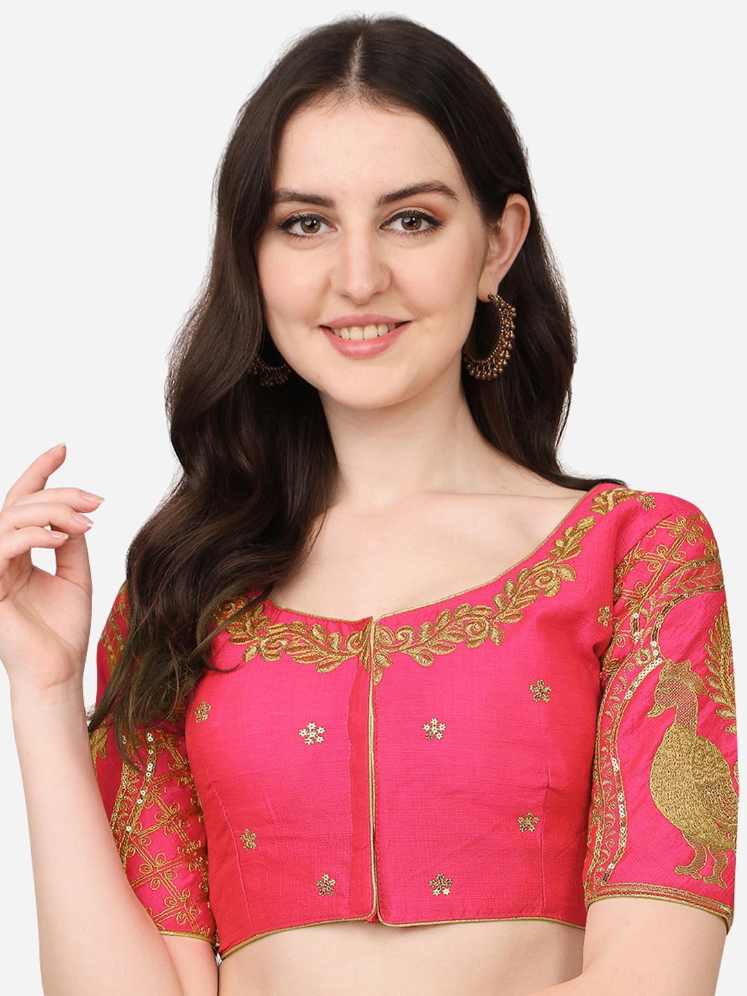 

PUJIA MILLS Pink & Gold-Toned Embroidered Saree Blouse